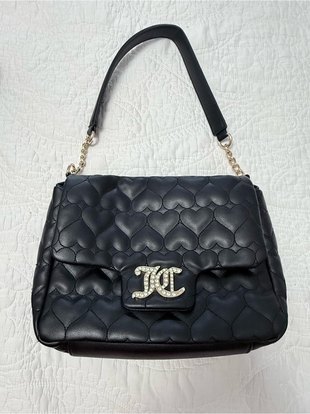 Juicy Couture Black Quilted Heart Shoulder Bag with Crystal JC Logo